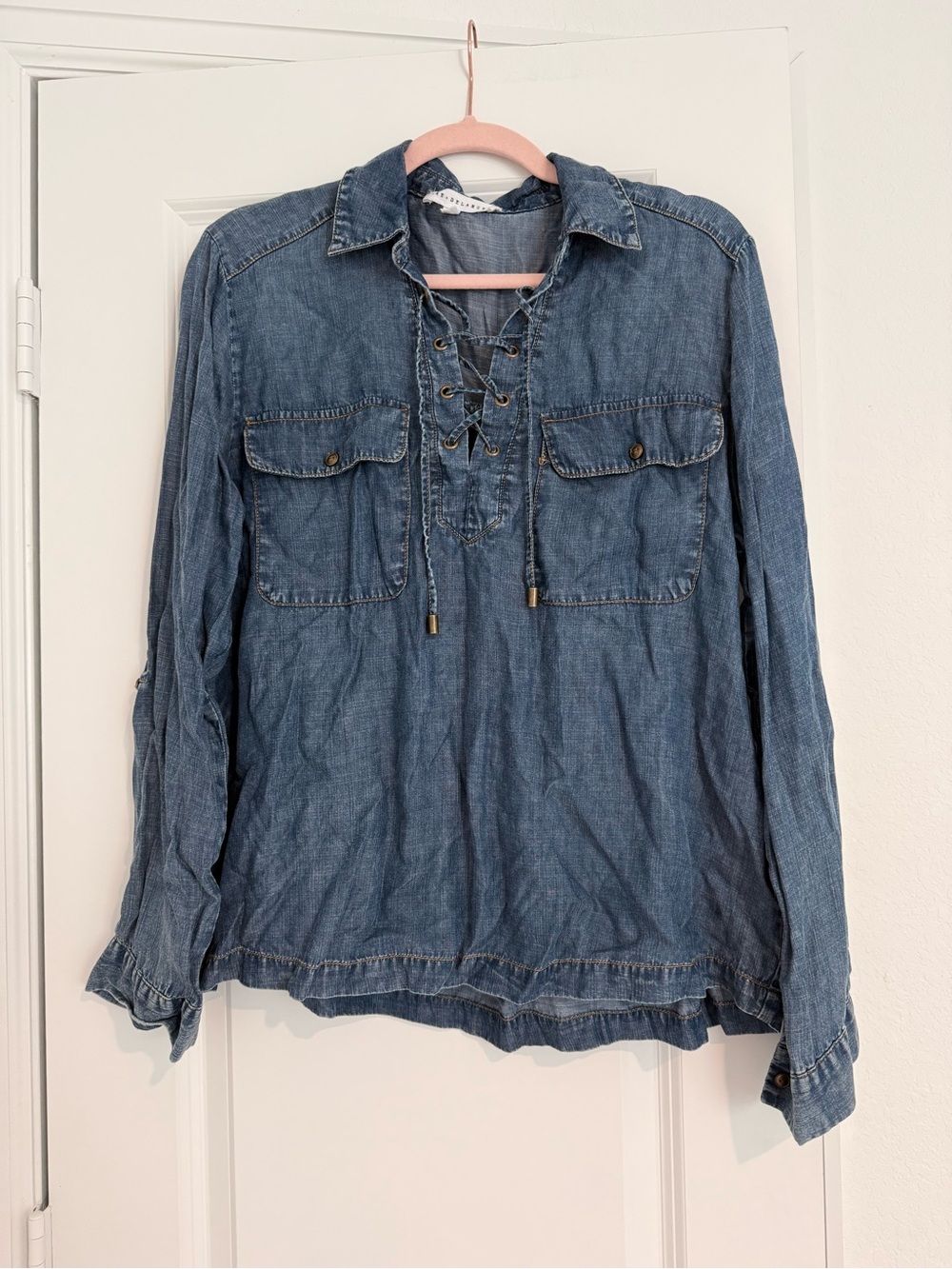 Denim Lace-Up Popover Shirt - Blue